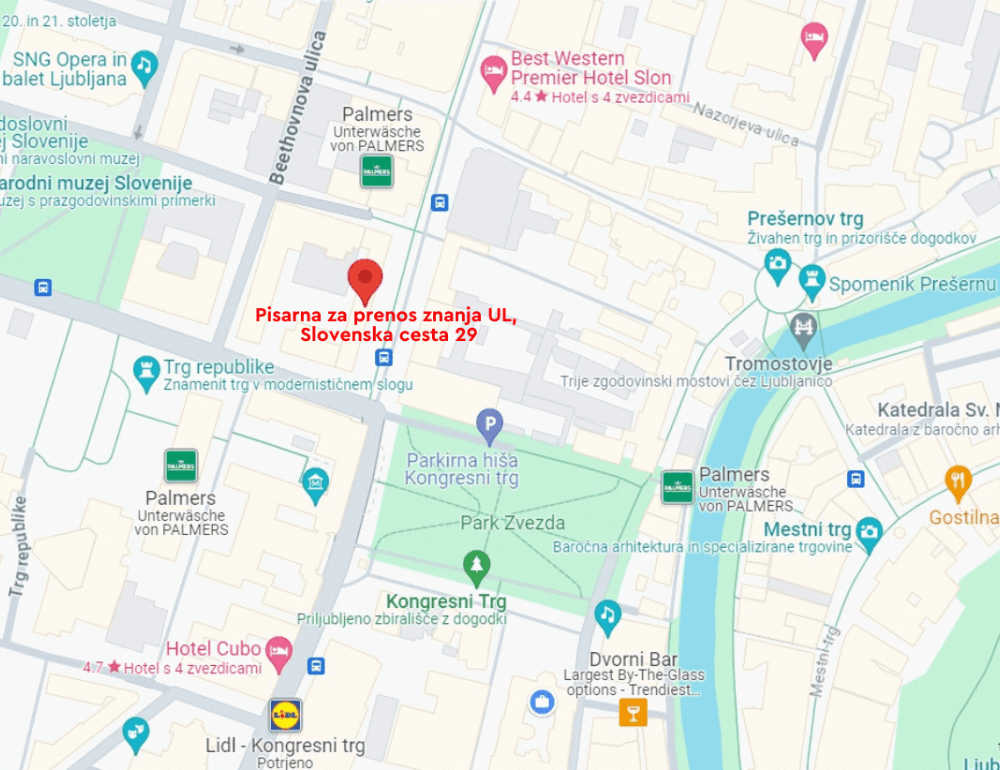 Google zemljevidi, lokacija do Pisarne za prenos znanja UL
