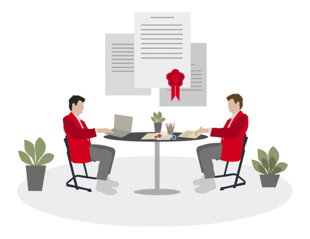 Business meeting between two people in red. In the foreground is a contract.