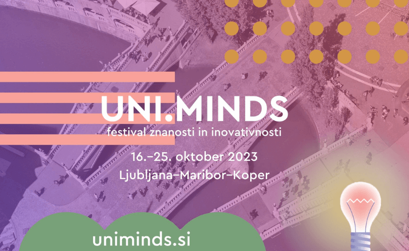 UNI.MINDS grafika roza-vijolične barve, rumene pike v desnem kotu zgoraj, roza trakovi na levi strani, zeleni grmiček v levem kotu spodaj, žarnica v desnem kotu spodaj. v ozadju Tromostovje.
