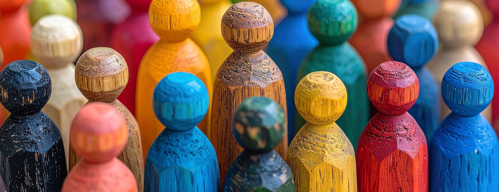 Lesene figure stojijo v skupini, pobarvane z različnimi barvami